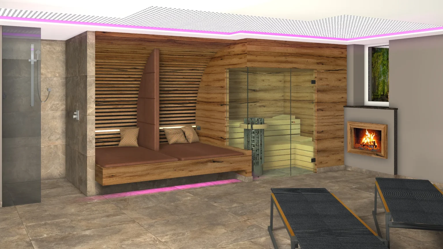 Relaxation room with fireplace – GRUBERS ski hotel Gastein wellness area