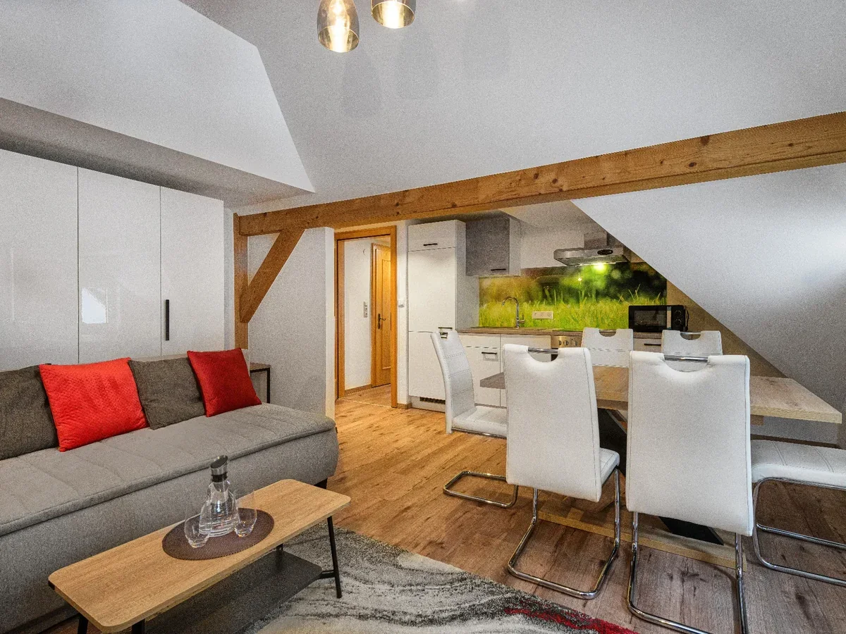 Wohnküche im Apartment Ankogel mit Esstisch, Sofa und eigener Küchenzeile