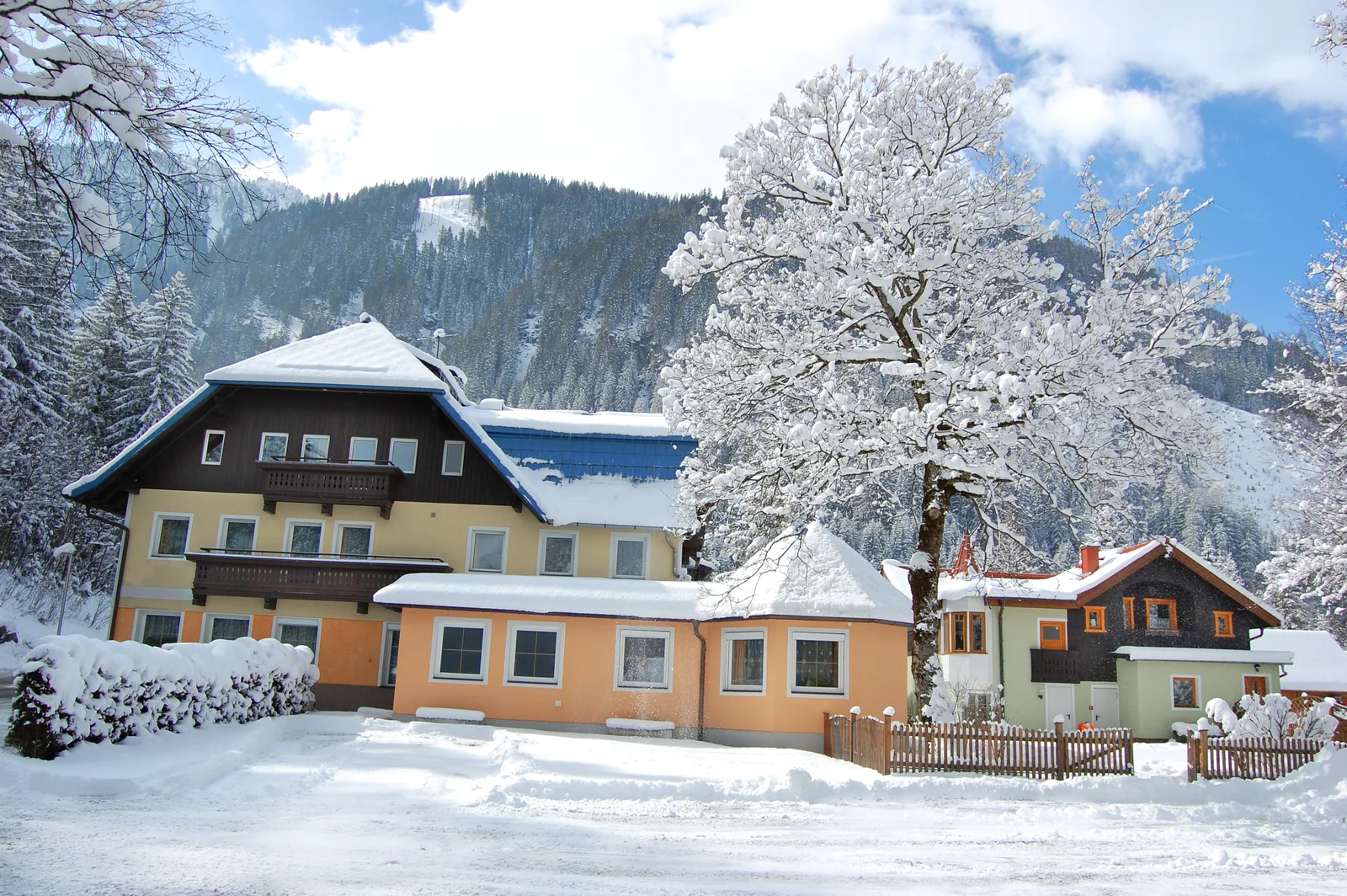 GRUBERS Hotel Apartments in Böckstein mit verschneitem Garten und winterlichen Bäumen